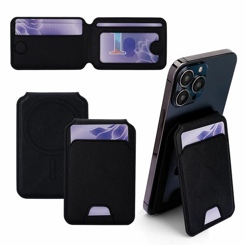 Magnetic Phone Card Wallet 3 Card Slots Photo Holder Adjustable Kickstand with Metal Plate - Black - 1