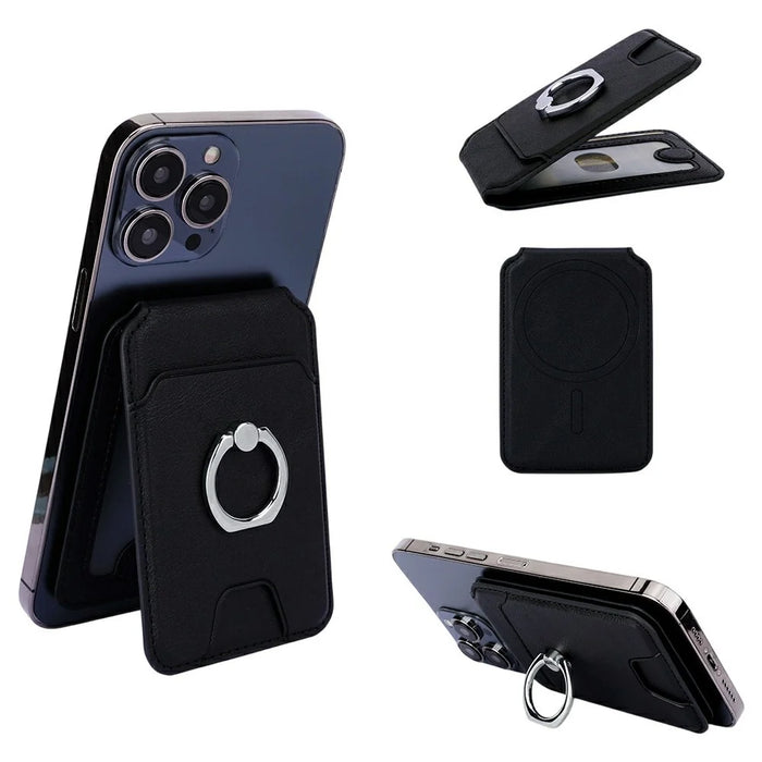 Rotary Phone Ring Holder Kickstand with Card Holder Cowhide Texture Leather Magnetic Card Slots - Black - 1