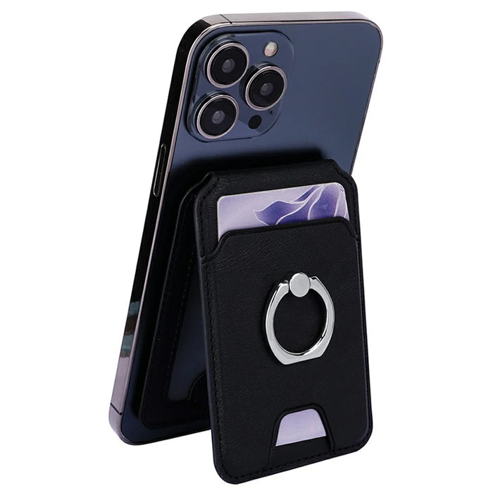 Rotary Phone Ring Holder Kickstand with Card Holder Cowhide Texture Leather Magnetic Card Slots - Black - 2