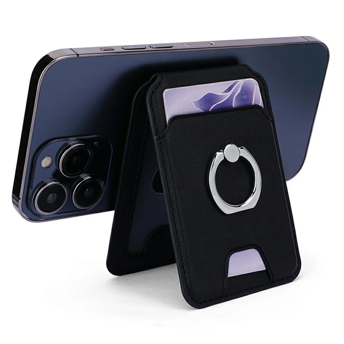 Rotary Phone Ring Holder Kickstand with Card Holder Cowhide Texture Leather Magnetic Card Slots - Black - 3