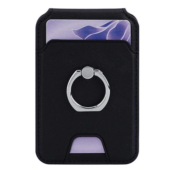 Rotary Phone Ring Holder Kickstand with Card Holder Cowhide Texture Leather Magnetic Card Slots - Black - 5