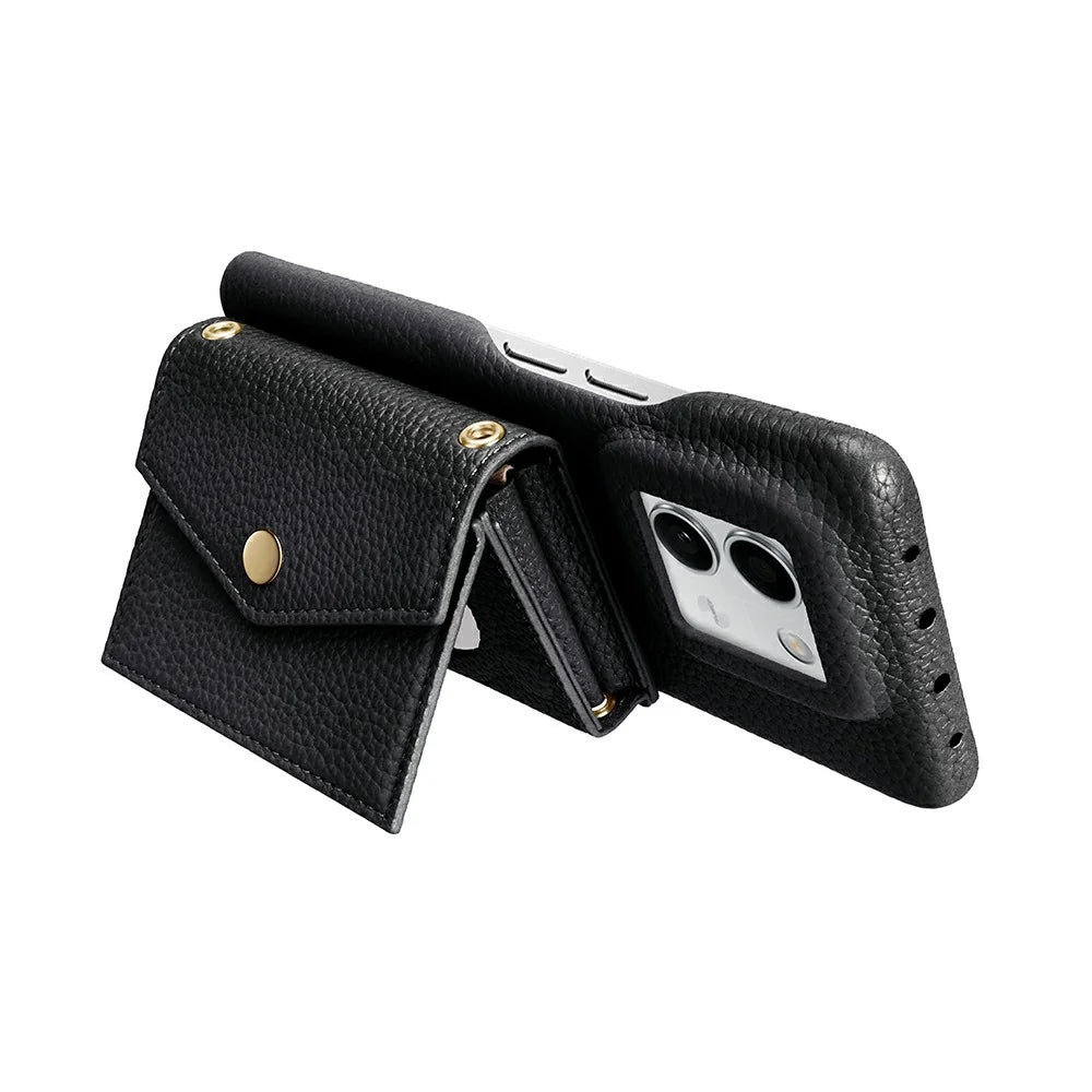 Multi-Function Horizontal Phone Card Holder Large Capacity Leather Wallet Kickstand with Mirror - Black - 4