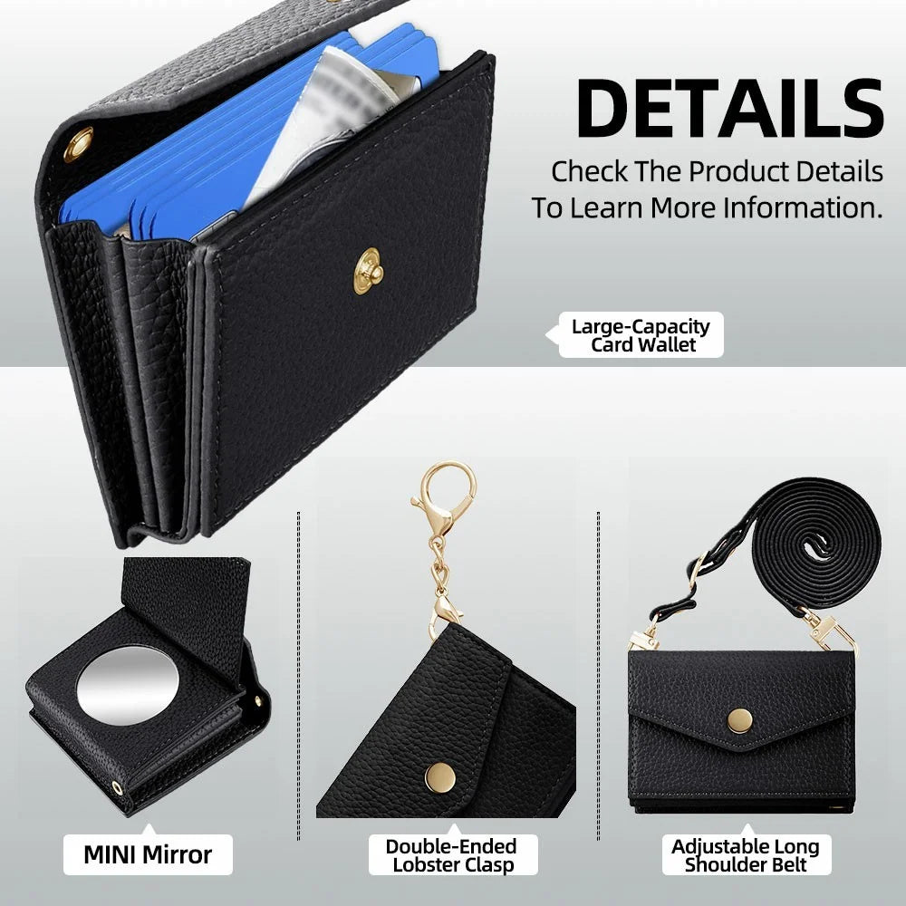 Multi-Function Horizontal Phone Card Holder Large Capacity Leather Wallet Kickstand with Mirror - Black - 7