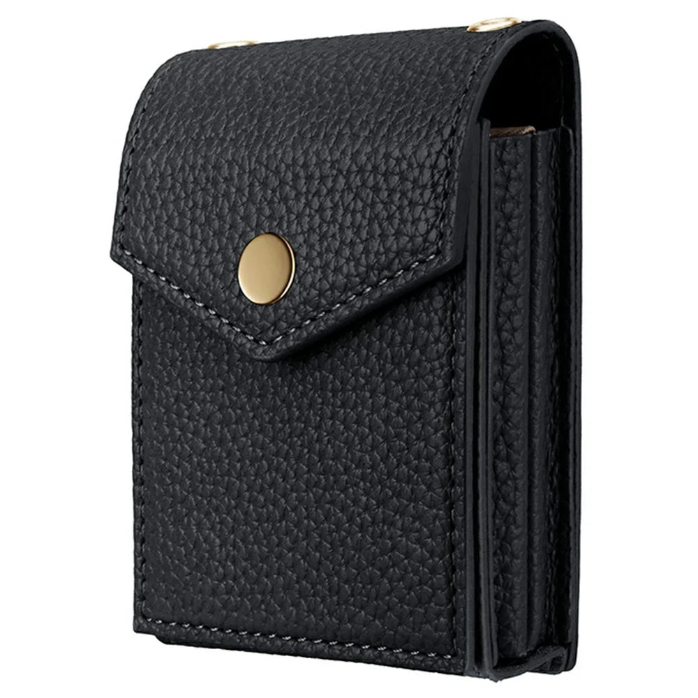 Vertical Card Holder Litchi Texture Leather Mini Wallet Phone Kickstand with Mirror - Black - 1
