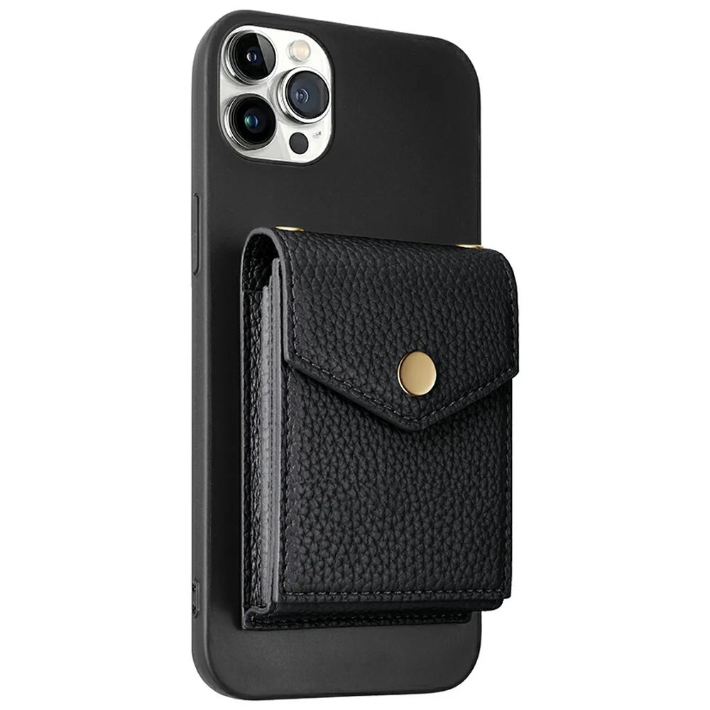 Vertical Card Holder Litchi Texture Leather Mini Wallet Phone Kickstand with Mirror - Black - 3