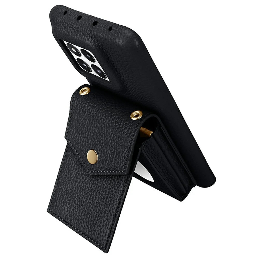 Vertical Card Holder Litchi Texture Leather Mini Wallet Phone Kickstand with Mirror - Black - 4