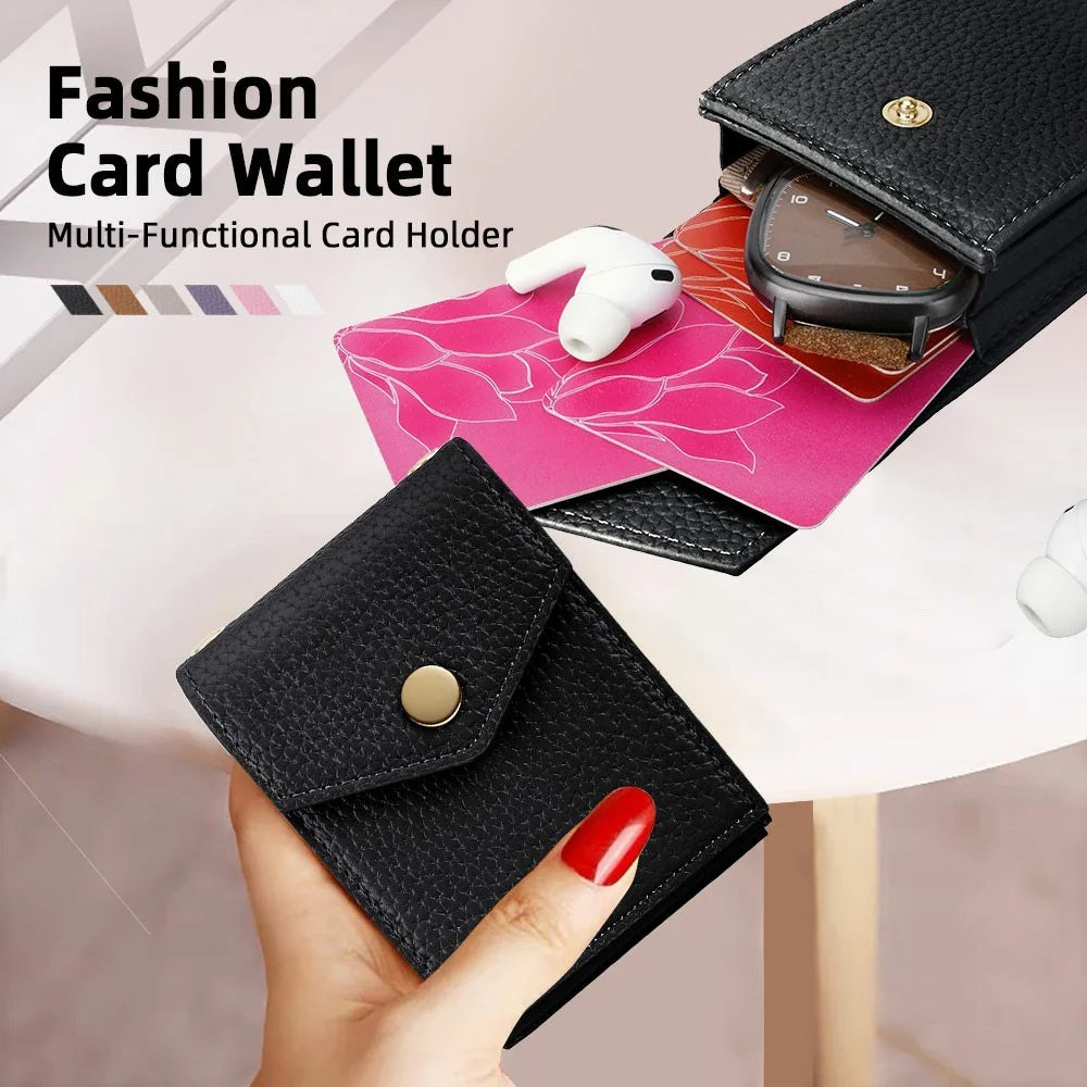 Vertical Card Holder Litchi Texture Leather Mini Wallet Phone Kickstand with Mirror - Black - 6
