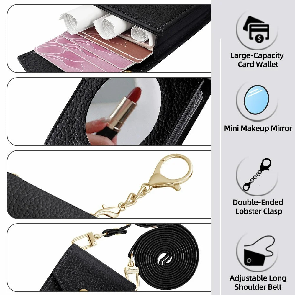 Vertical Card Holder Litchi Texture Leather Mini Wallet Phone Kickstand with Mirror - Black - 7