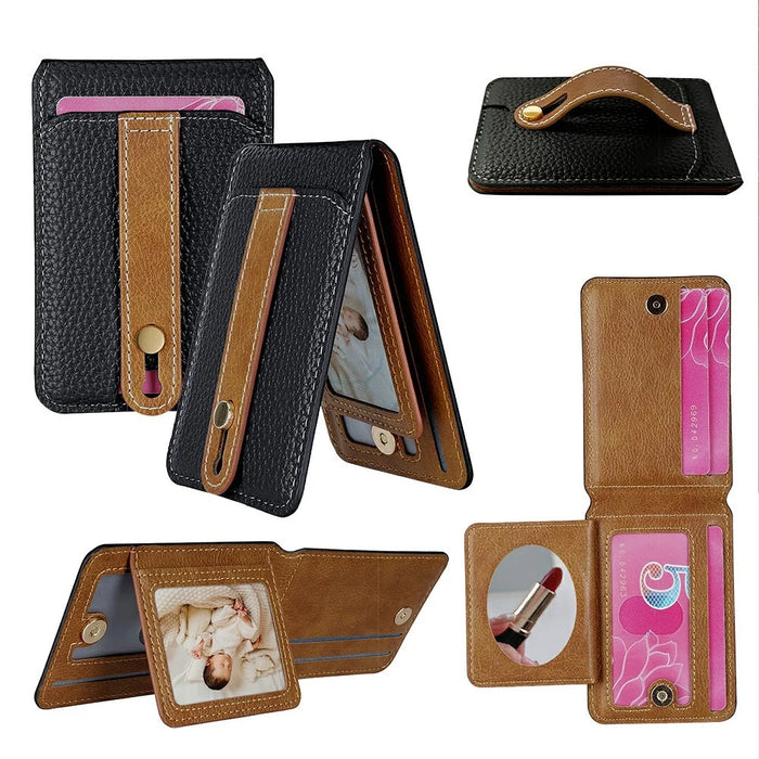 Litchi Texture Leather Card Holder Strap Holder Adhesive Phone Kickstand Wallet with Mirror - Black - 1