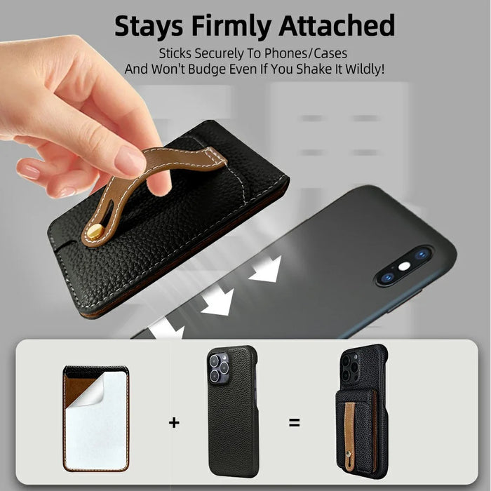 Litchi Texture Leather Card Holder Strap Holder Adhesive Phone Kickstand Wallet with Mirror - Black - 2