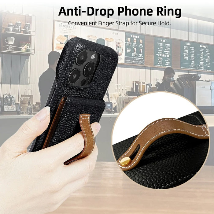 Litchi Texture Leather Card Holder Strap Holder Adhesive Phone Kickstand Wallet with Mirror - Black - 3