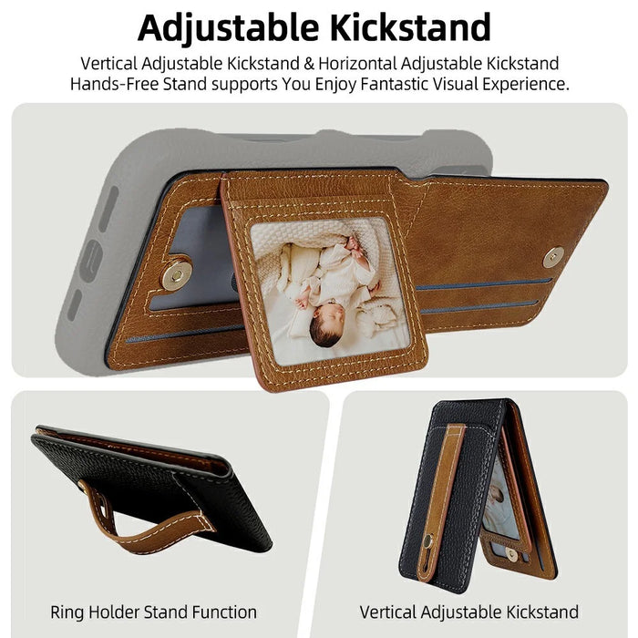 Litchi Texture Leather Card Holder Strap Holder Adhesive Phone Kickstand Wallet with Mirror - Black - 4