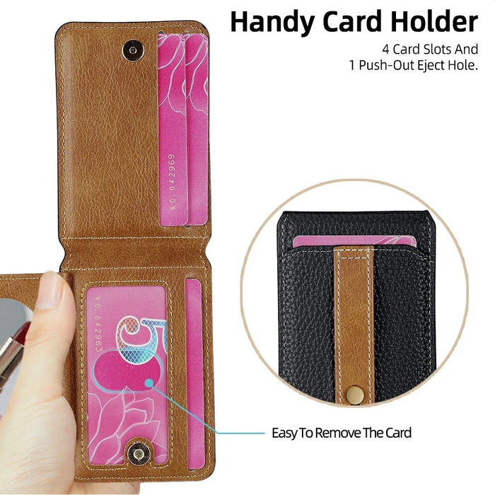 Litchi Texture Leather Card Holder Strap Holder Adhesive Phone Kickstand Wallet with Mirror - Black - 5