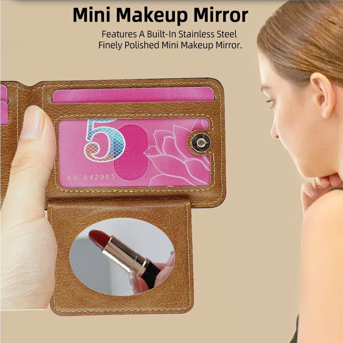 Litchi Texture Leather Card Holder Strap Holder Adhesive Phone Kickstand Wallet with Mirror - Black - 6