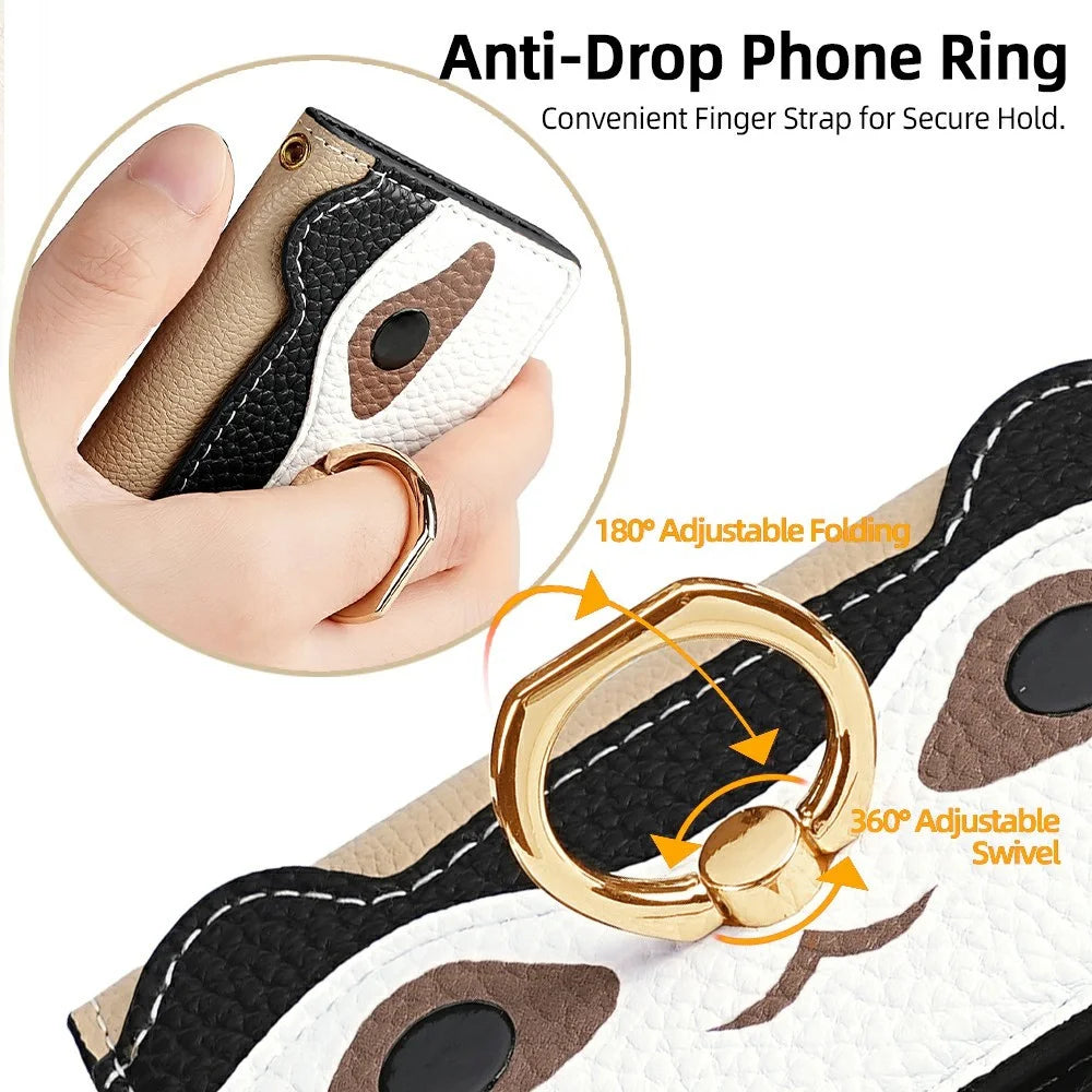Raccoon Phone Card Holder Adhesive Leather Card Slot Ring Kickstand with 35cm Short Strap 70-140cm Long Strap - Black - 2
