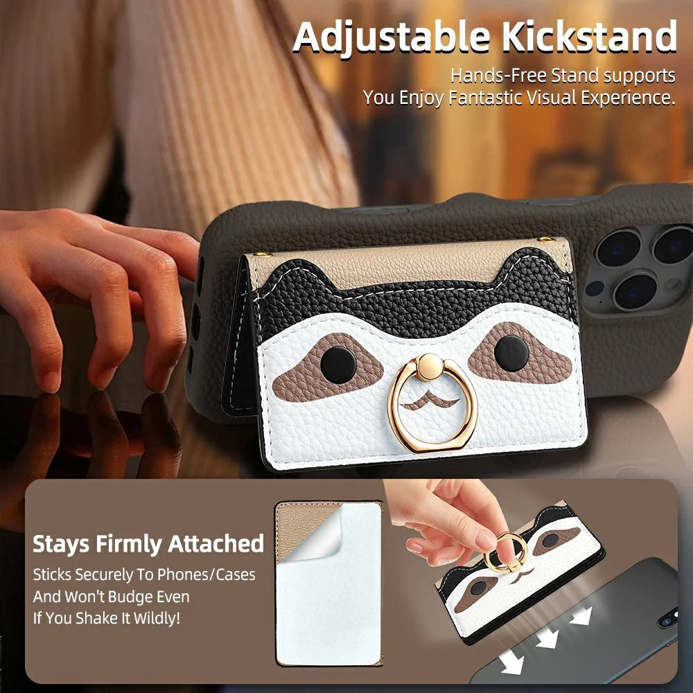 Raccoon Phone Card Holder Adhesive Leather Card Slot Ring Kickstand with 35cm Short Strap 70-140cm Long Strap - Black - 3