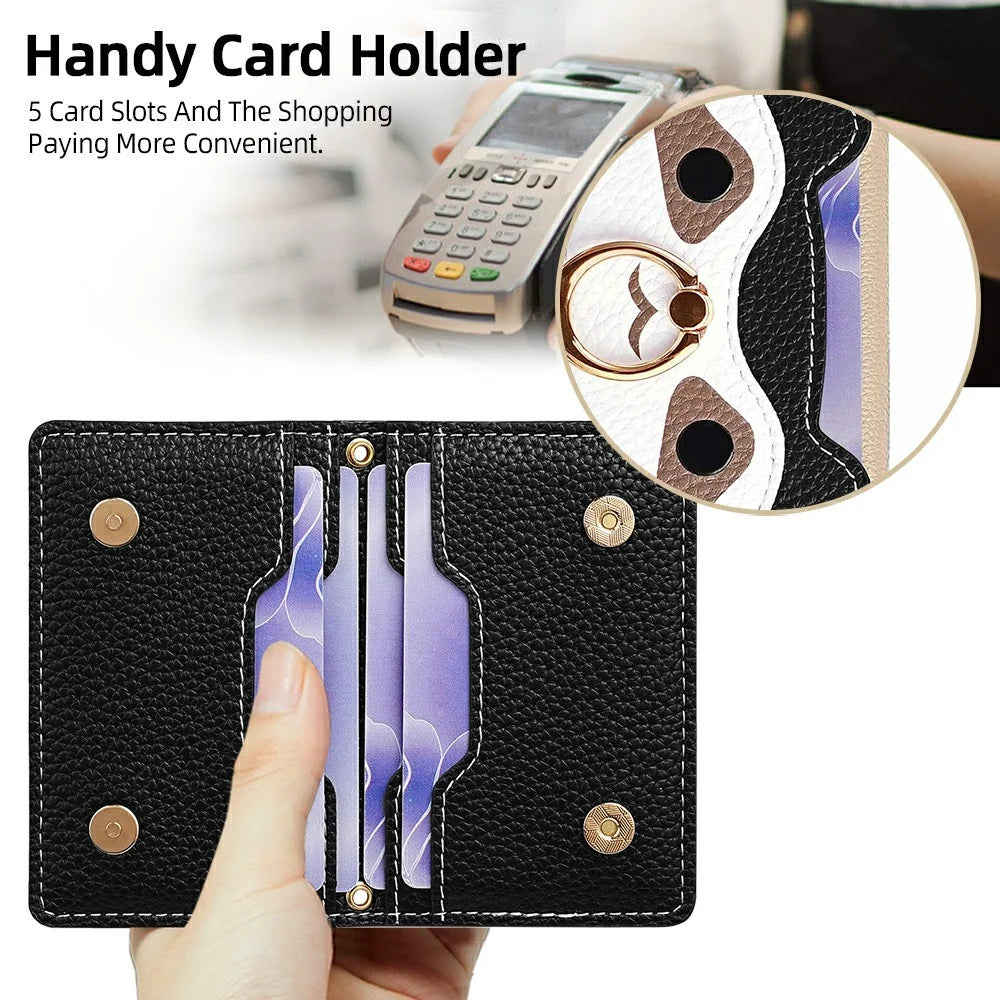 Raccoon Phone Card Holder Adhesive Leather Card Slot Ring Kickstand with 35cm Short Strap 70-140cm Long Strap - Black - 4