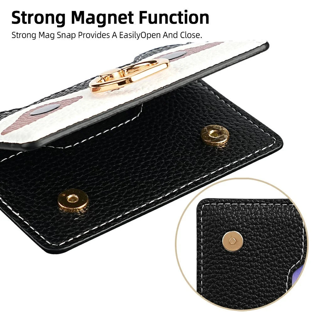 Raccoon Phone Card Holder Adhesive Leather Card Slot Ring Kickstand with 35cm Short Strap 70-140cm Long Strap - Black - 5