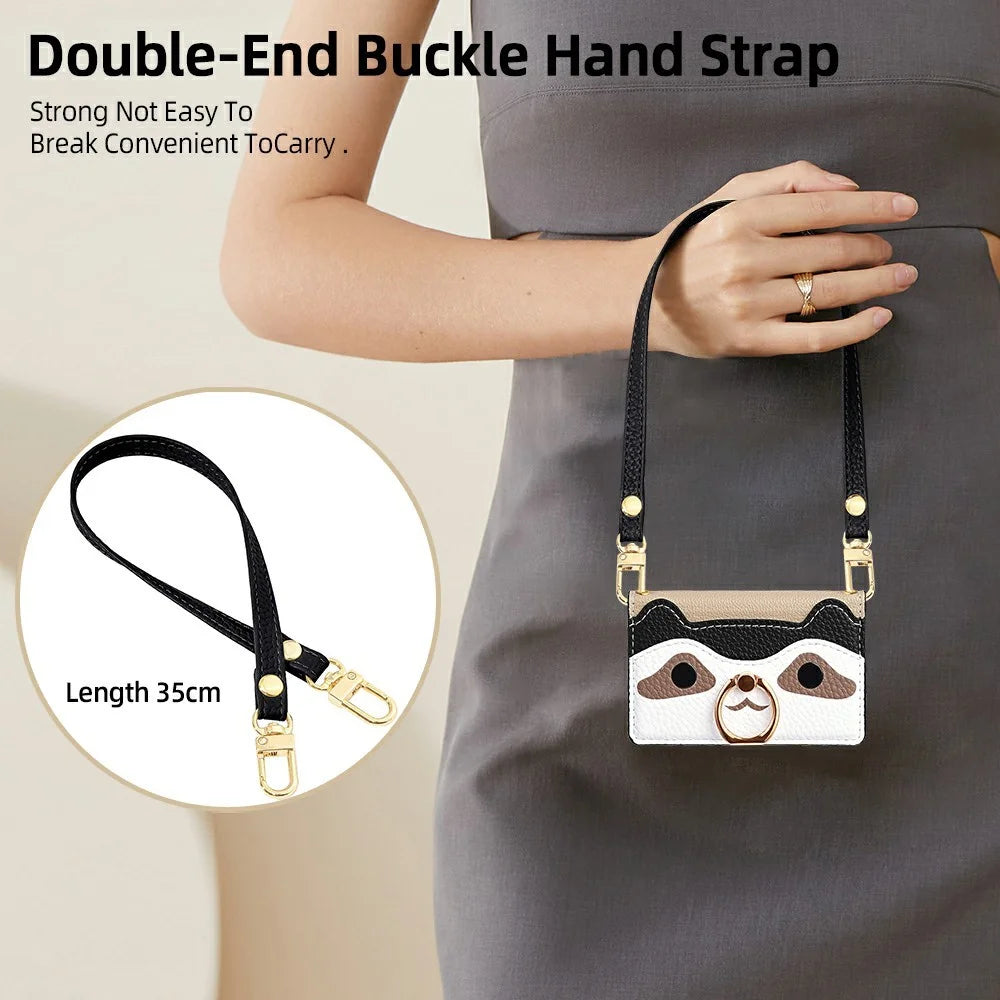 Raccoon Phone Card Holder Adhesive Leather Card Slot Ring Kickstand with 35cm Short Strap 70-140cm Long Strap - Black - 6