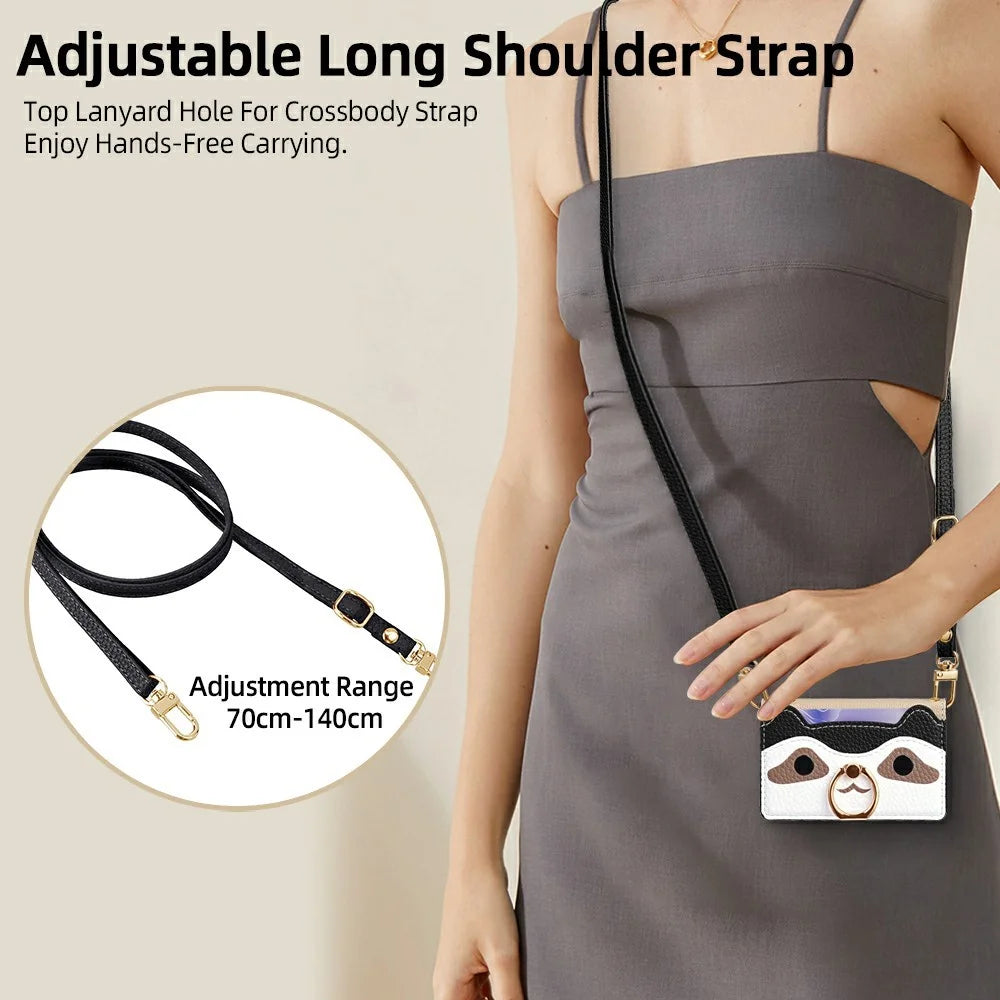 Raccoon Phone Card Holder Adhesive Leather Card Slot Ring Kickstand with 35cm Short Strap 70-140cm Long Strap - Black - 7