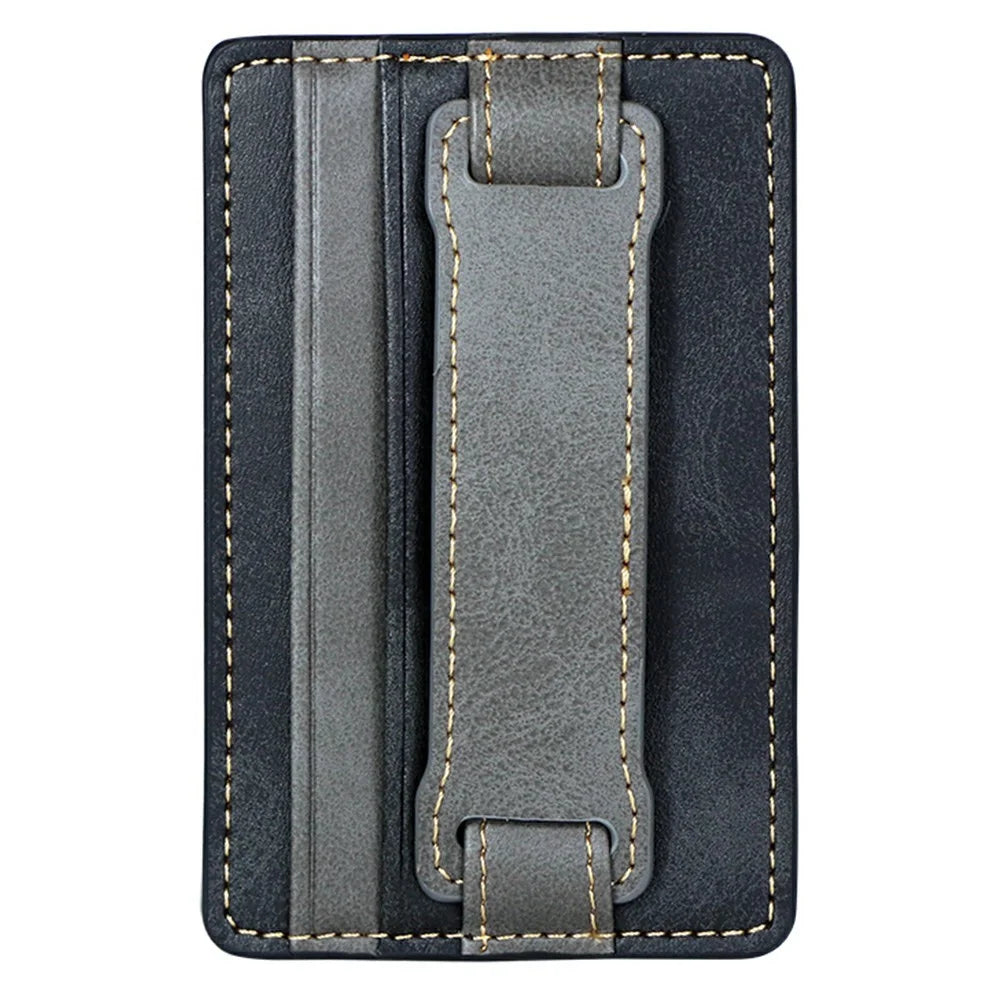 KT1 Card Holder Adhesive PU Leather Phone Wallet with Strap Holder - Black / Grey - 1