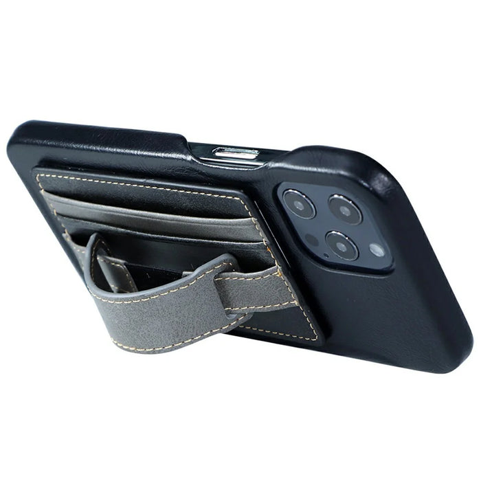 KT1 Card Holder Adhesive PU Leather Phone Wallet with Strap Holder - Black / Grey - 3