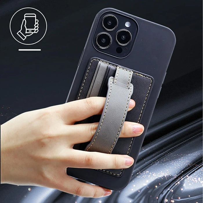 KT1 Card Holder Adhesive PU Leather Phone Wallet with Strap Holder - Black / Grey - 5