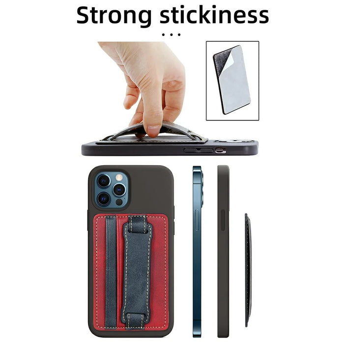 KT1 Card Holder Adhesive PU Leather Phone Wallet with Strap Holder - Black / Grey - 6