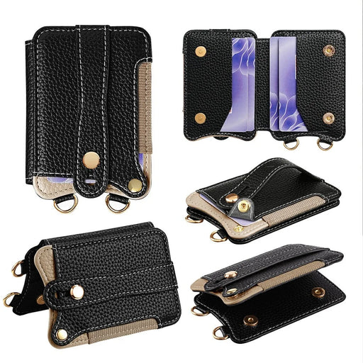 Fishtail Style Card Holder Adhesive Leather Phone Wallet Kickstand with 35cm Short Strap 70-140cm Crossbody Lanyard - Black - 1