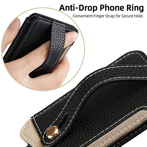 Fishtail Style Card Holder Adhesive Leather Phone Wallet Kickstand with 35cm Short Strap 70-140cm Crossbody Lanyard - Black - 2