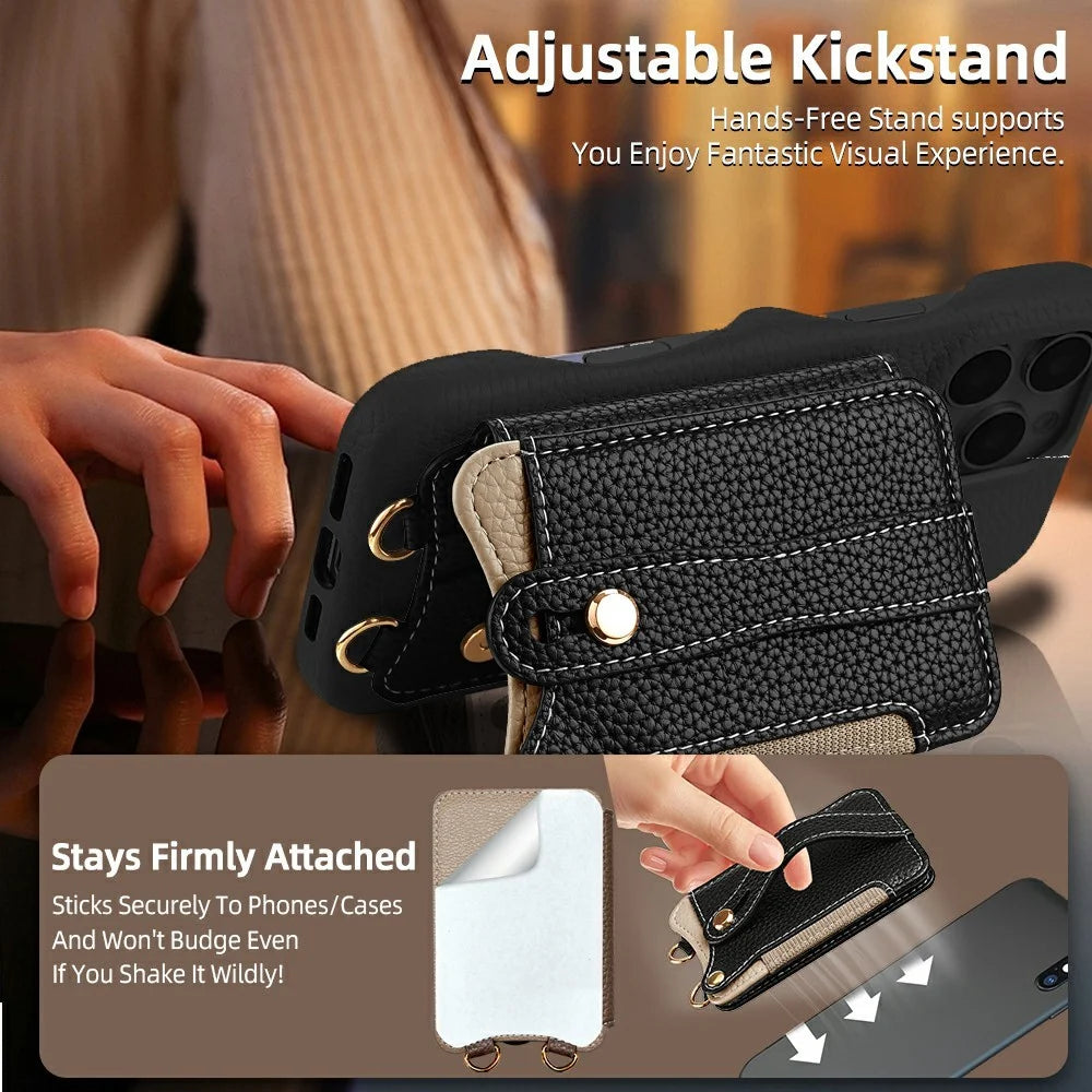 Fishtail Style Card Holder Adhesive Leather Phone Wallet Kickstand with 35cm Short Strap 70-140cm Crossbody Lanyard - Black - 3