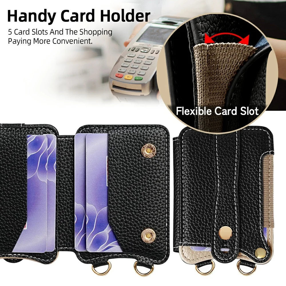 Fishtail Style Card Holder Adhesive Leather Phone Wallet Kickstand with 35cm Short Strap 70-140cm Crossbody Lanyard - Black - 4