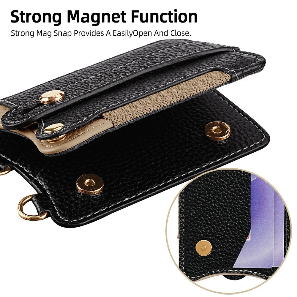 Fishtail Style Card Holder Adhesive Leather Phone Wallet Kickstand with 35cm Short Strap 70-140cm Crossbody Lanyard - Black - 5