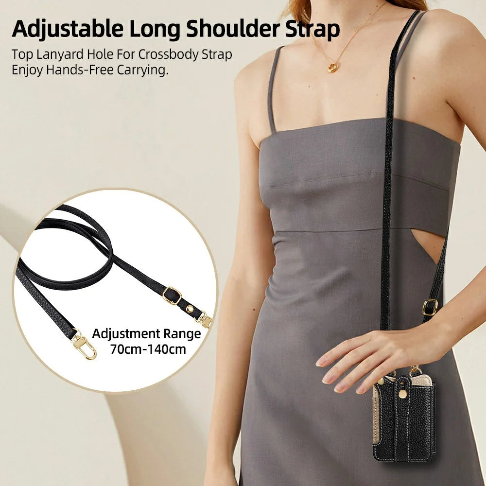 Fishtail Style Card Holder Adhesive Leather Phone Wallet Kickstand with 35cm Short Strap 70-140cm Crossbody Lanyard - Black - 7