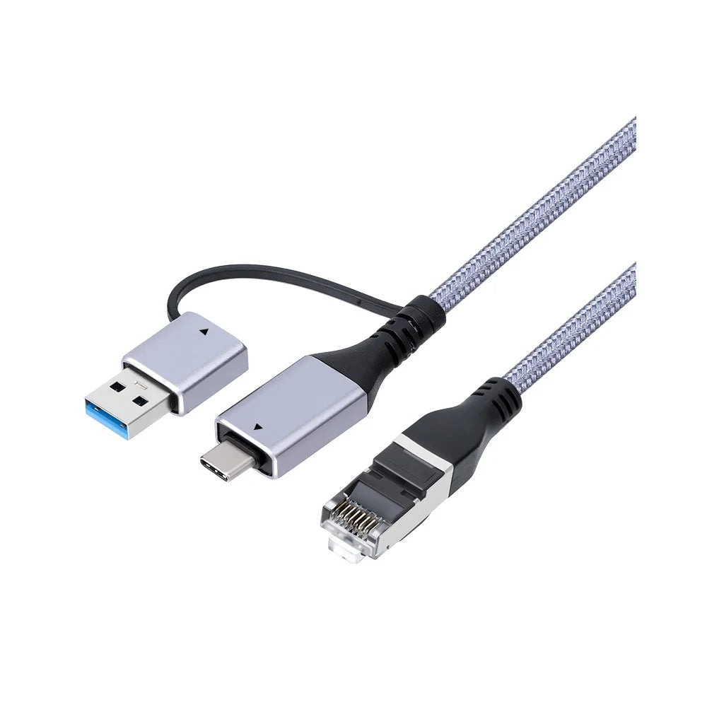 KY01 2m USB-A + Type-C to RJ45 2-in-1 Gigabit Ethernet Cable 1000Mbps Network Adapter Cable for Laptop Phone - Grey  /  Silver - 1