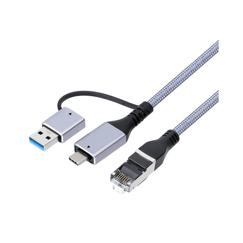 KY01 2m USB-A + Type-C to RJ45 2-in-1 Gigabit Ethernet Cable 1000Mbps Network Adapter Cable for Laptop Phone - Grey  /  Silver - 1