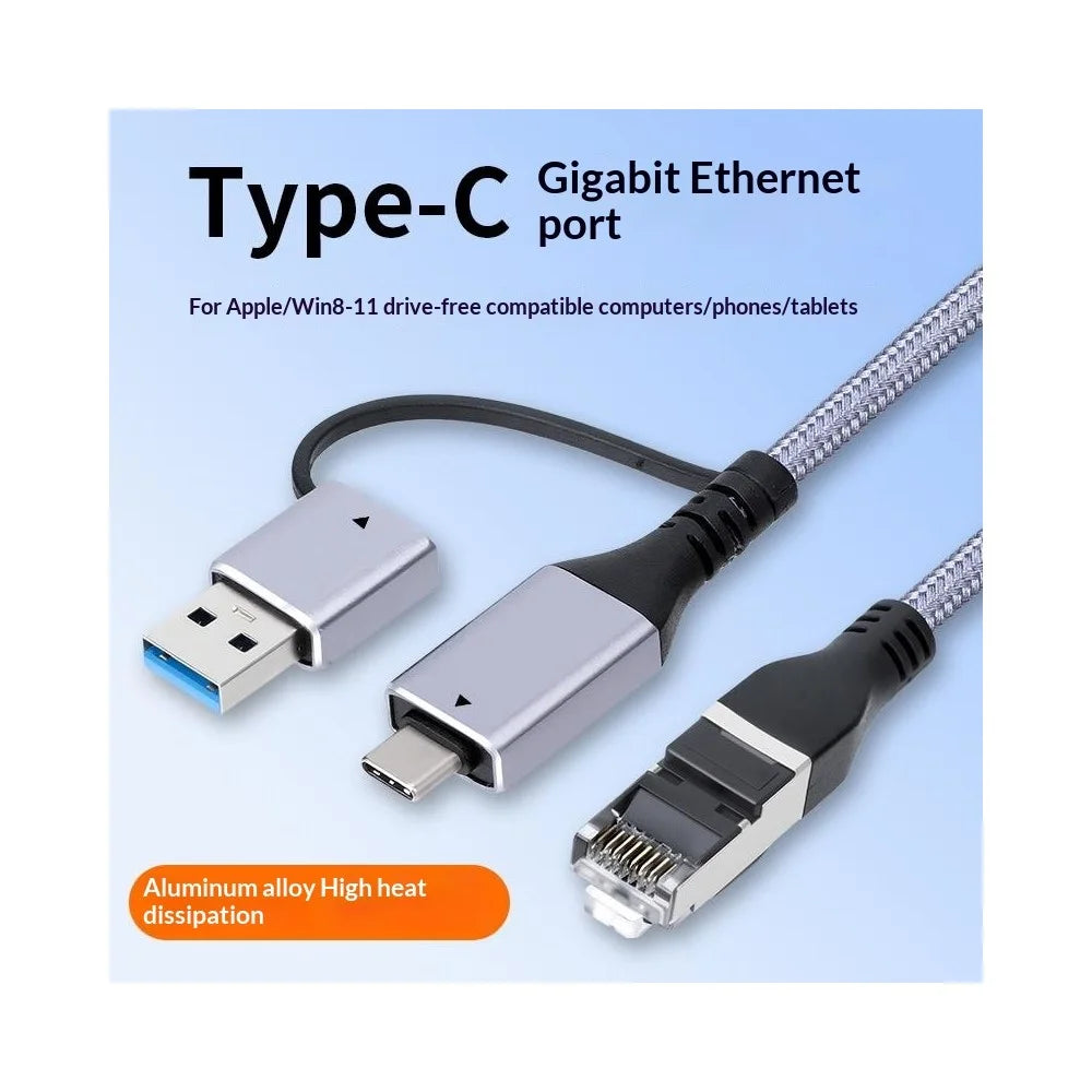 KY01 2m USB-A + Type-C to RJ45 2-in-1 Gigabit Ethernet Cable 1000Mbps Network Adapter Cable for Laptop Phone - Grey  /  Silver - 2