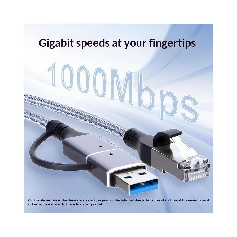 KY01 2m USB-A + Type-C to RJ45 2-in-1 Gigabit Ethernet Cable 1000Mbps Network Adapter Cable for Laptop Phone - Grey  /  Silver - 3