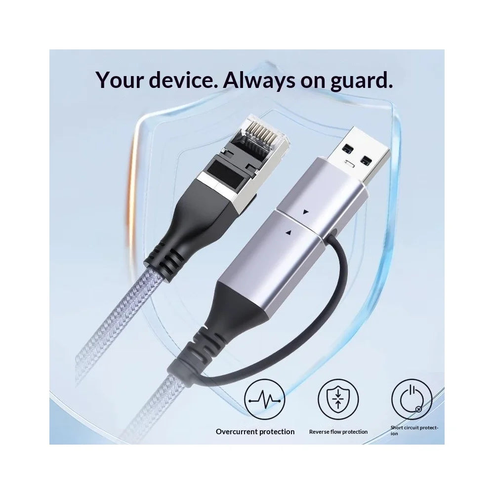 KY01 2m USB-A + Type-C to RJ45 2-in-1 Gigabit Ethernet Cable 1000Mbps Network Adapter Cable for Laptop Phone - Grey  /  Silver - 6
