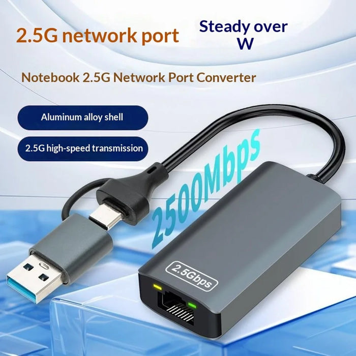 KY24 2-in-1 USB  /  Type-C to RJ45 2.5Gbps Ethernet Adapter Aluminum Alloy Gigabit Network Card for Desktop Laptop - Grey - 2