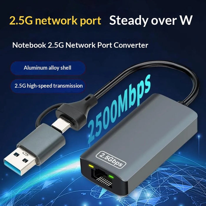 KY24 2-in-1 USB  /  Type-C to RJ45 2.5Gbps Ethernet Adapter Aluminum Alloy Gigabit Network Card for Desktop Laptop - Grey - 3