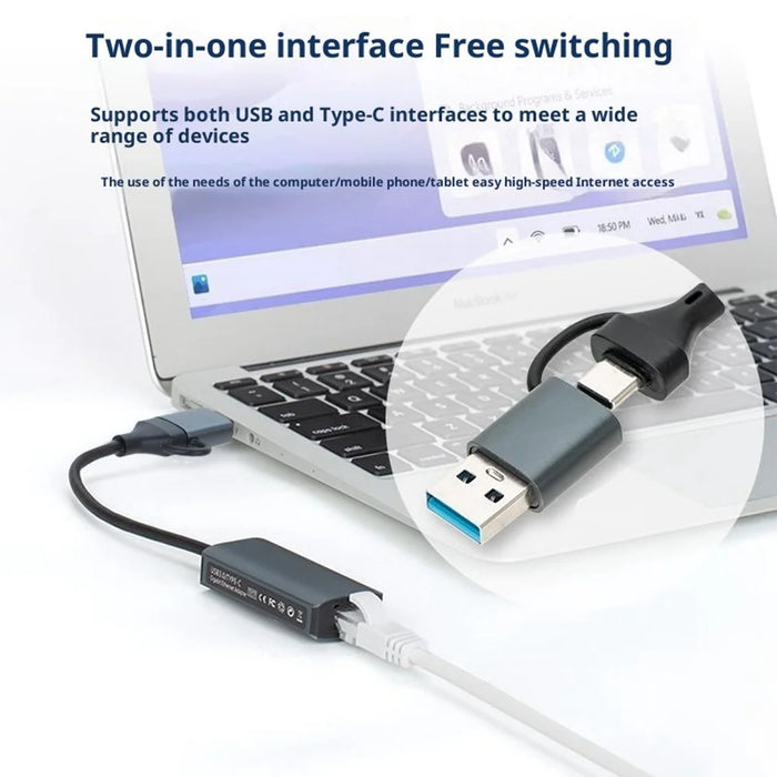 KY24 2-in-1 USB  /  Type-C to RJ45 2.5Gbps Ethernet Adapter Aluminum Alloy Gigabit Network Card for Desktop Laptop - Grey - 4