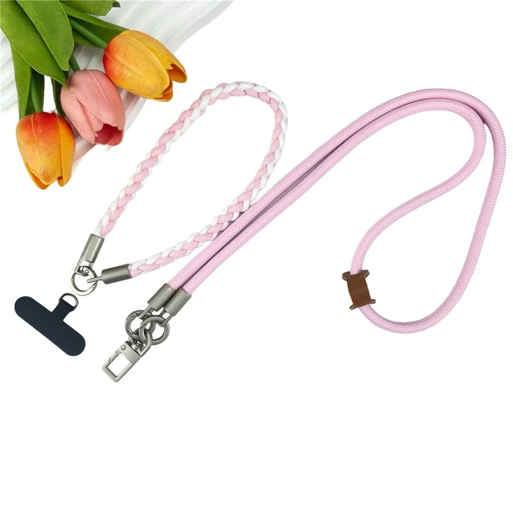 120cm Phone Neck Lanyard 3 in 1 Woven Braided Adjustable Hand Wrist Strap Shoulder Crossbody Strap - Pink - 2