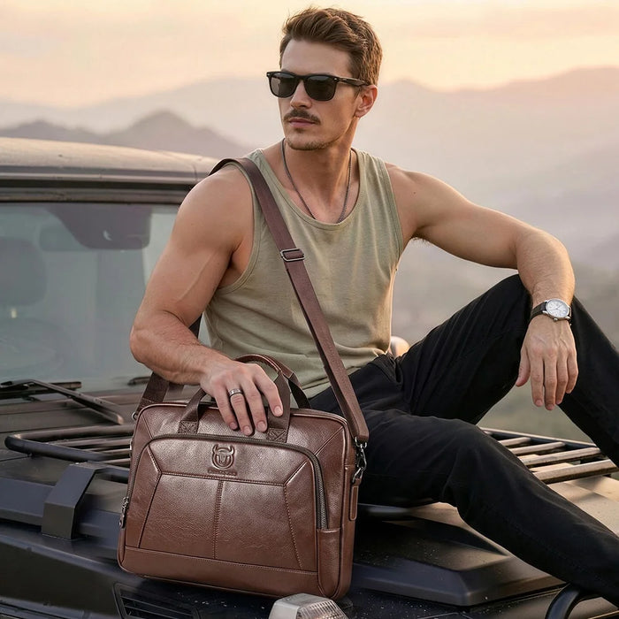 BULLCAPTAIN Top Grain Cowhide Leather Briefcase Large Capacity Business Men Messenger Bag for 16 Inch Laptop - 061 Brown - 3