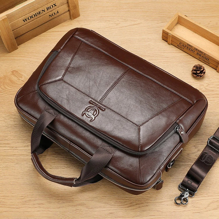 BULLCAPTAIN Top Grain Cowhide Leather Briefcase Large Capacity Business Men Messenger Bag for 16 Inch Laptop - 061 Brown - 5