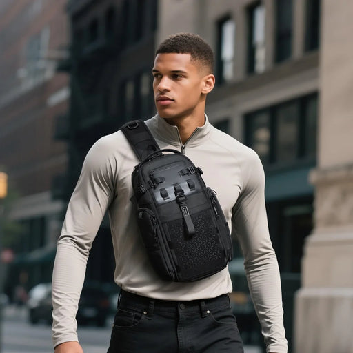 OZUKO 9844 Tactical Chest Bag Waterproof Oxford Cloth Geometric Design Crossbody Bag for Outdoor Sports - Black - 2