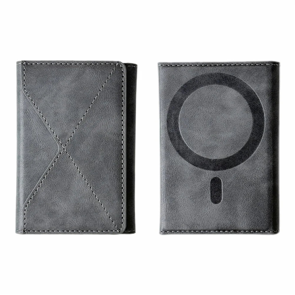 Magnetic Leather Wallet Tri-Fold Card Holder Phone Case Back Attachment - Silver - 2