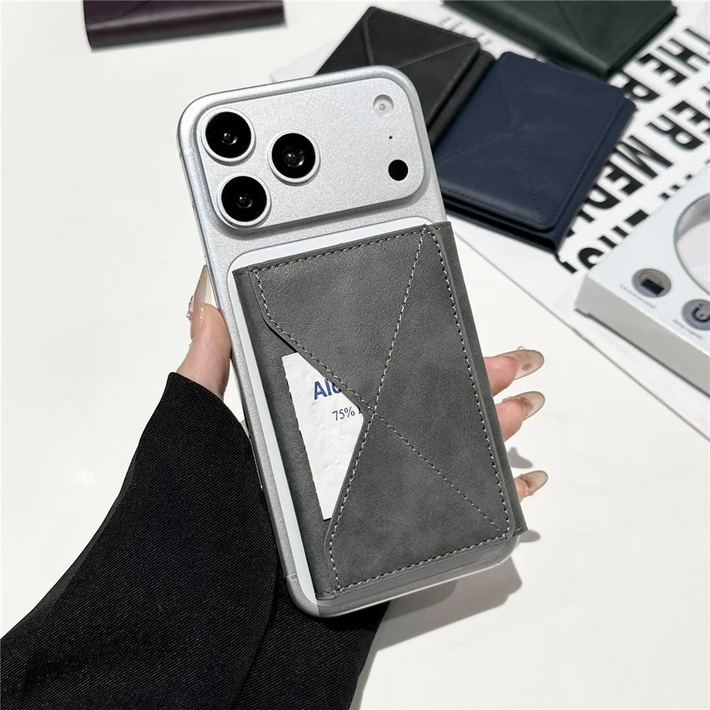 Magnetic Leather Wallet Tri-Fold Card Holder Phone Case Back Attachment - Silver - 3