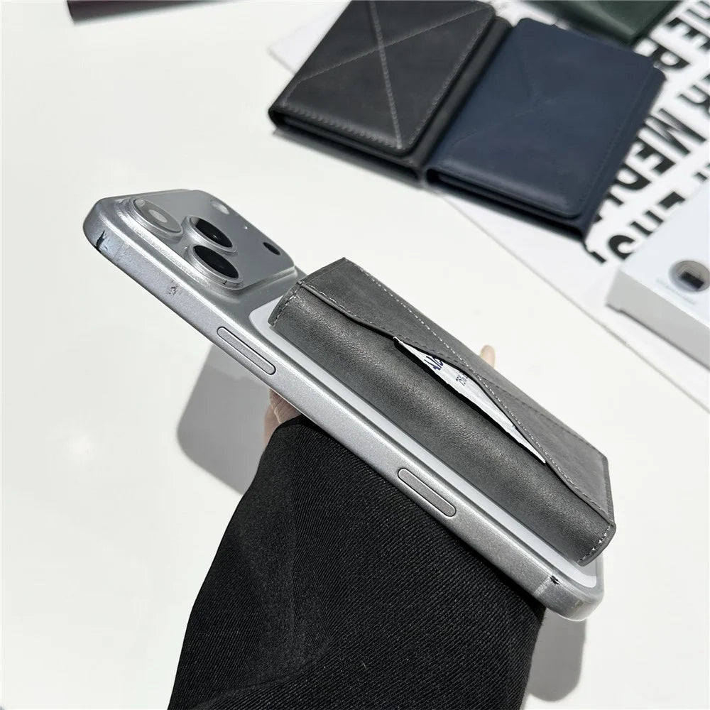 Magnetic Leather Wallet Tri-Fold Card Holder Phone Case Back Attachment - Silver - 4