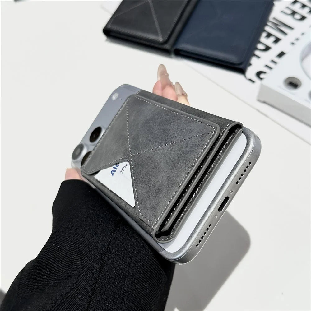 Magnetic Leather Wallet Tri-Fold Card Holder Phone Case Back Attachment - Silver - 5